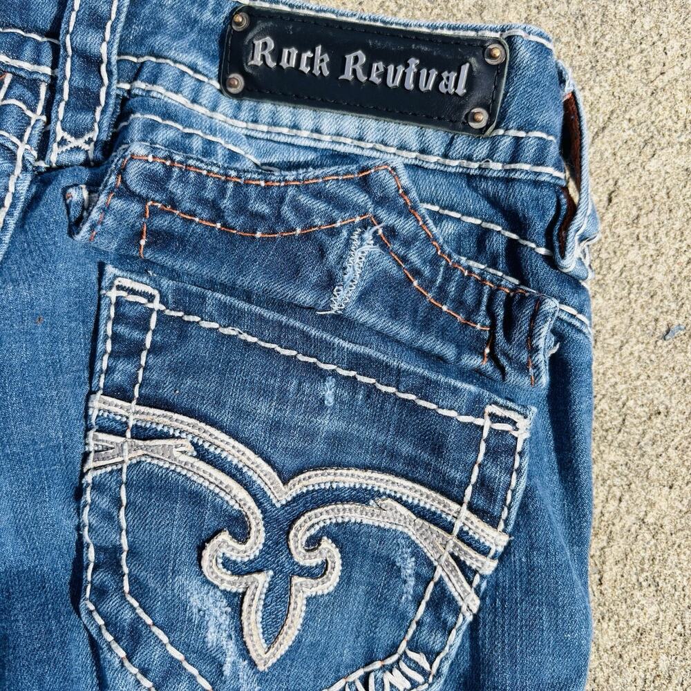 Rock Revival Straight Blue Denim Jeans Embroidered y2K Distressed Women's 28 - Picture 2 of 7